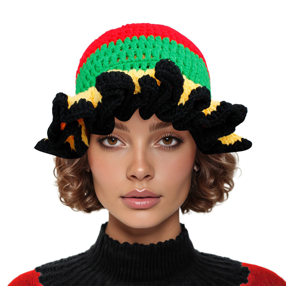 Red Crochet Multicolor Ruffle Bucket Hat Women
