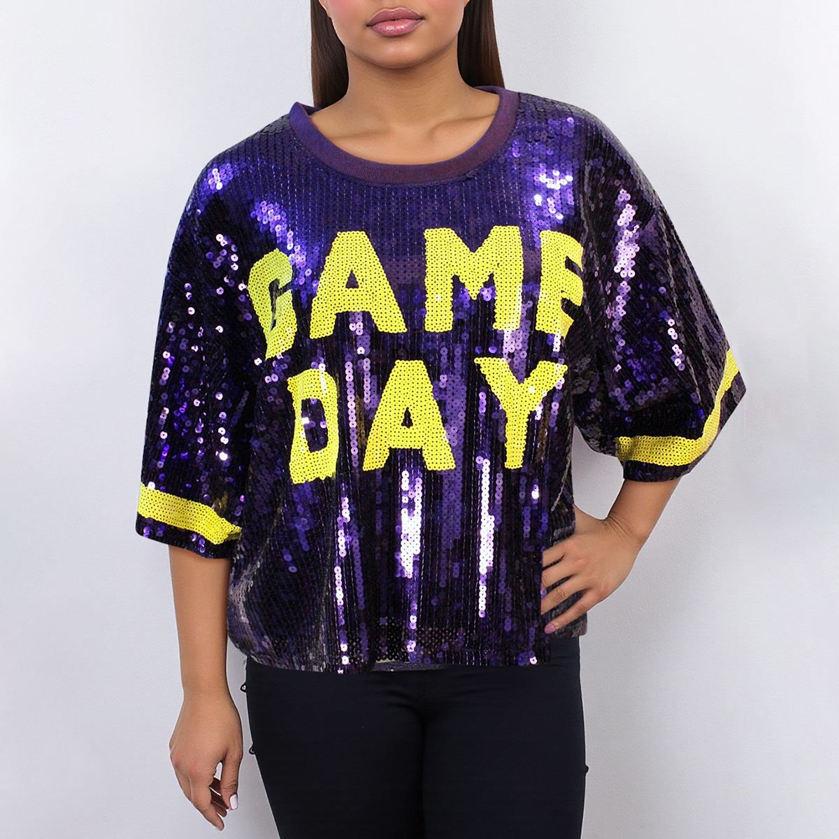Jersey Purple Yellow Sequin GAME DAY Crop Top