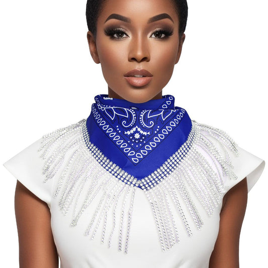 ZPB Blue and White Bandana Bling Fringe Necklace