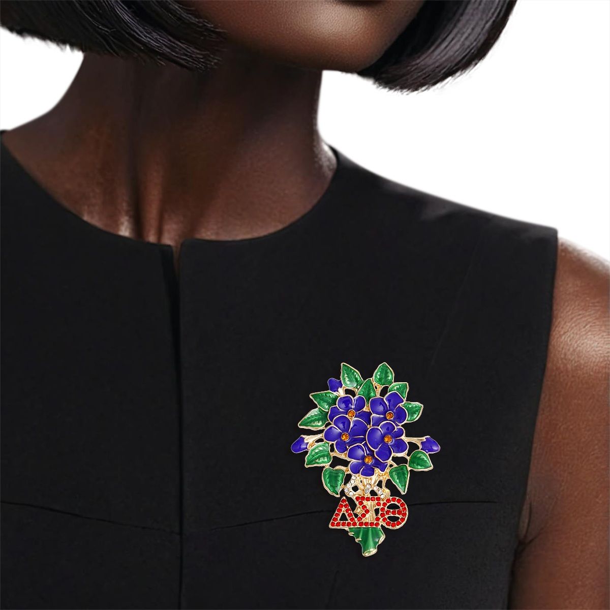 DST Sorority Purple Violets Gold Brooch for Women