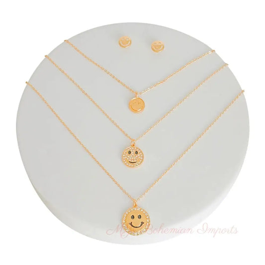 Gold 3 Layer Bling Smiley Face Dainty Necklace Set