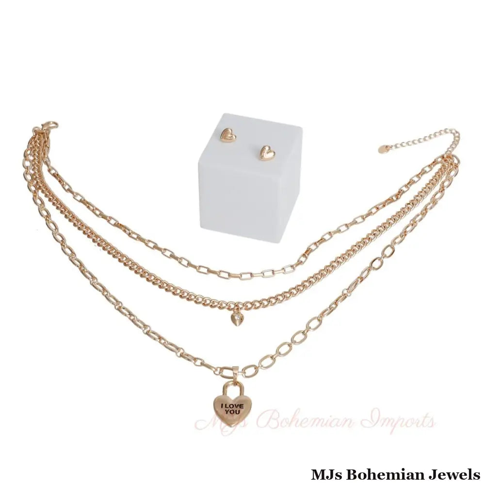Gold 3 Layer Chain Locked Heart Dainty Necklace Set