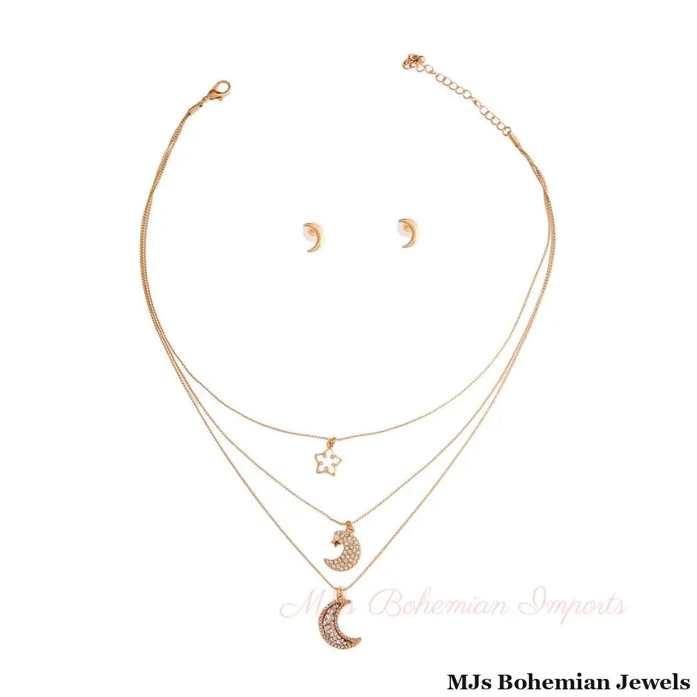 Gold 3 Layer Chain Moon Necklace