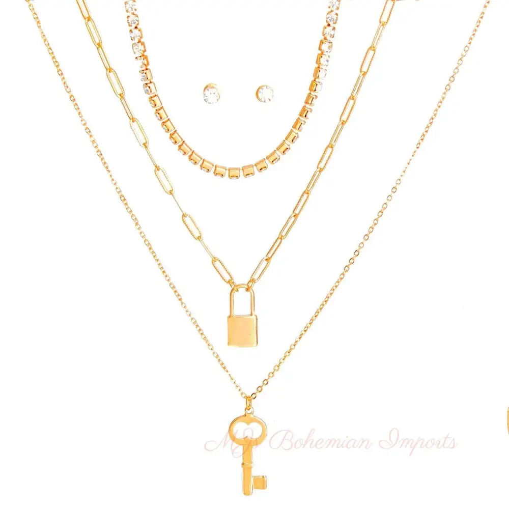 Gold 3 Layer Lock and Key Necklace