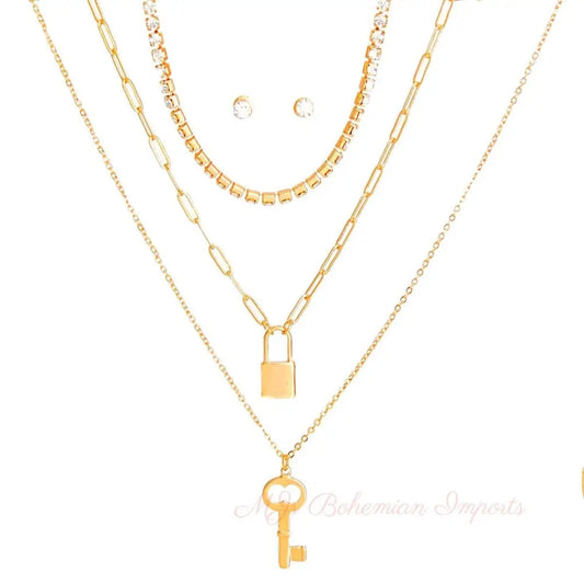 Gold 3 Layer Lock and Key Necklace