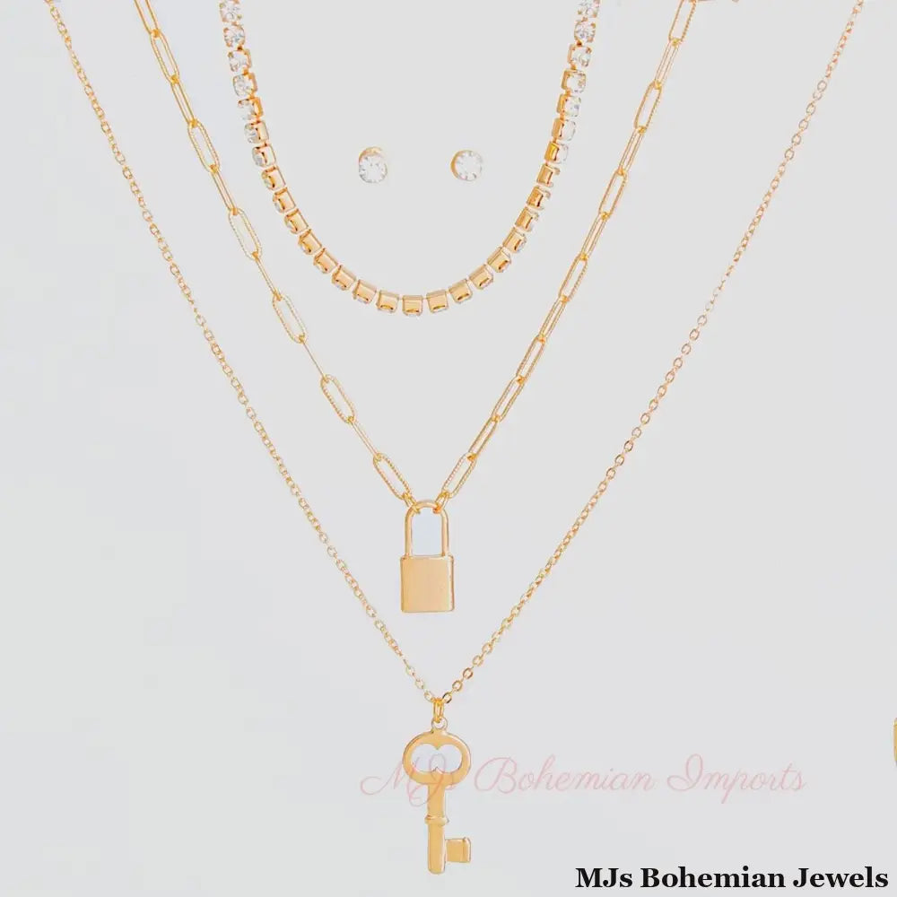 Gold 3 Layer Lock and Key Necklace
