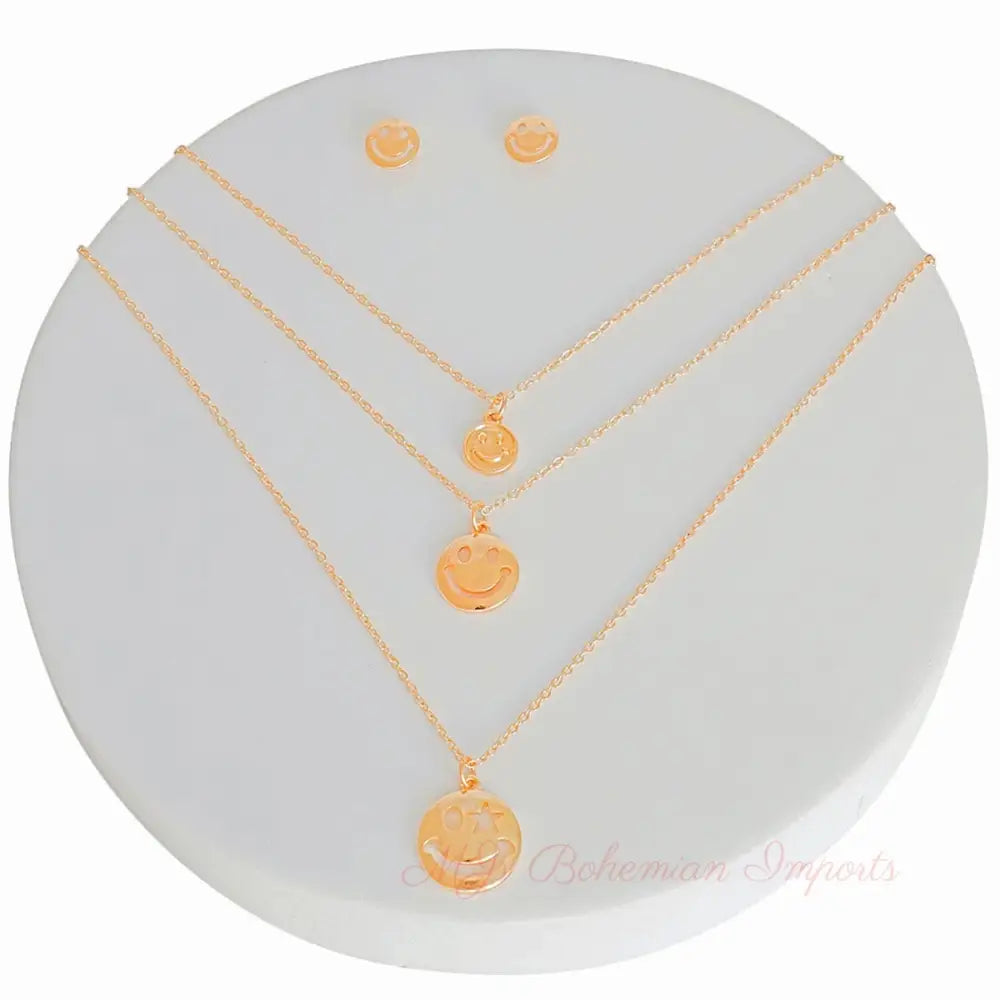 Gold 3 Layer Smiley Cutout Face Necklace Set