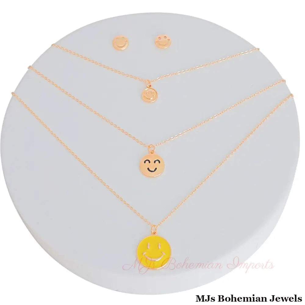 Gold 3 Layer Yellow Smiley Face Necklace Set