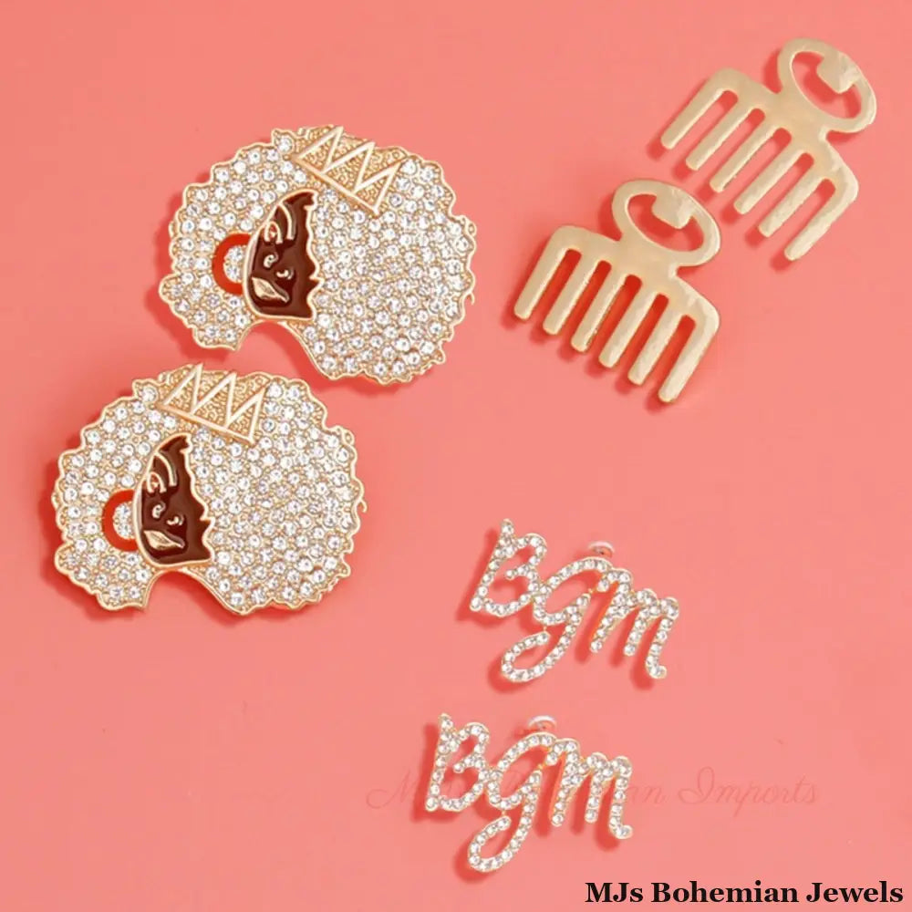 Gold 3 Pcs Black Girl Afro Studs
