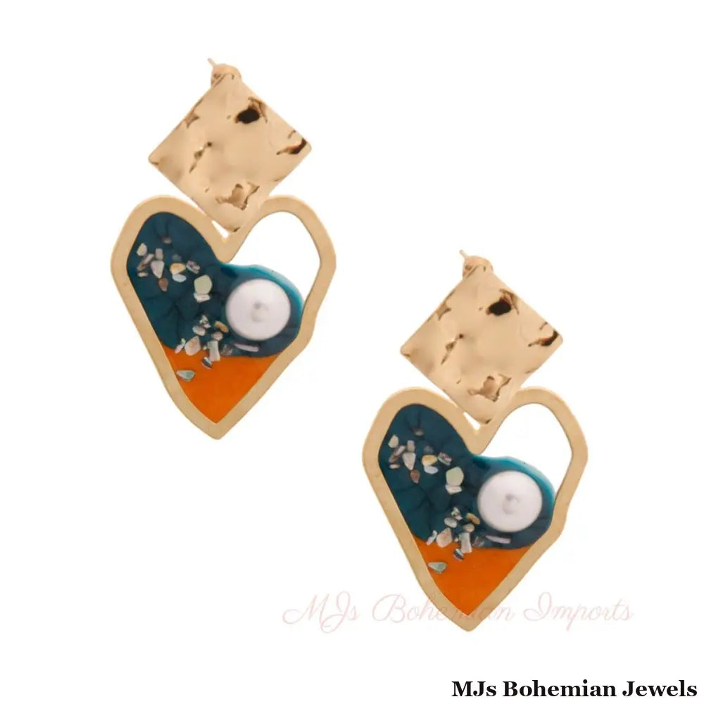 Gold and Blue Resin Heart Earrings