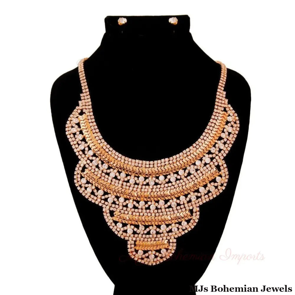 Gold and Rhinestone Layered Bib Necklace Set