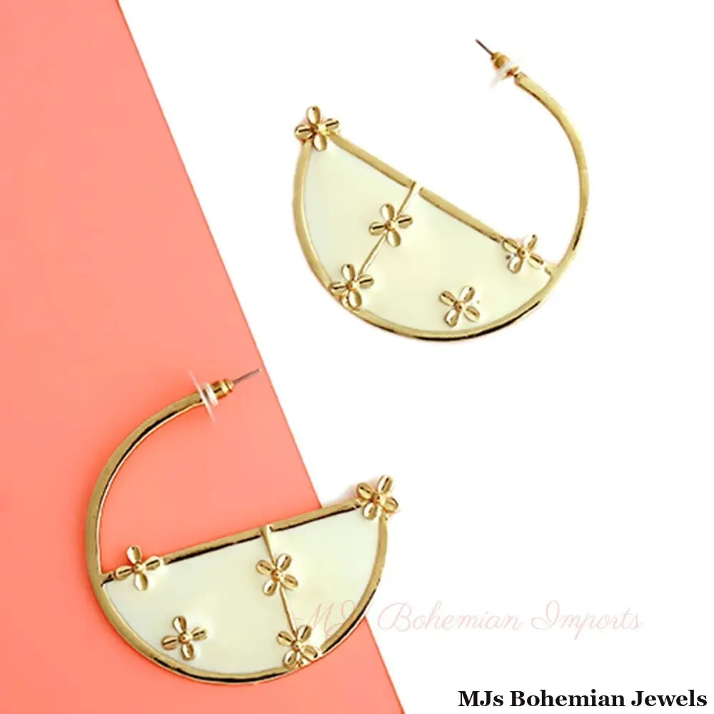 Gold and White Flower Hoops