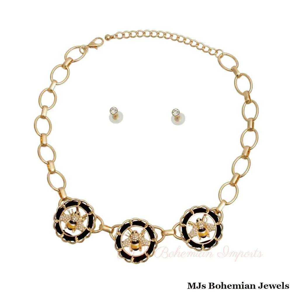 Gold Cable Chain Black Bee Necklace