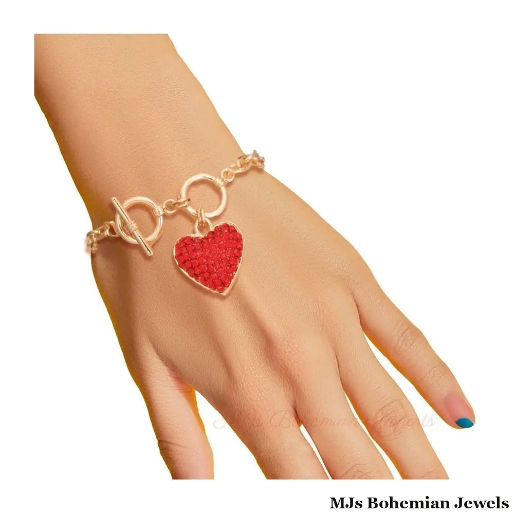 Gold Chain 3D Red Heart Bracelet