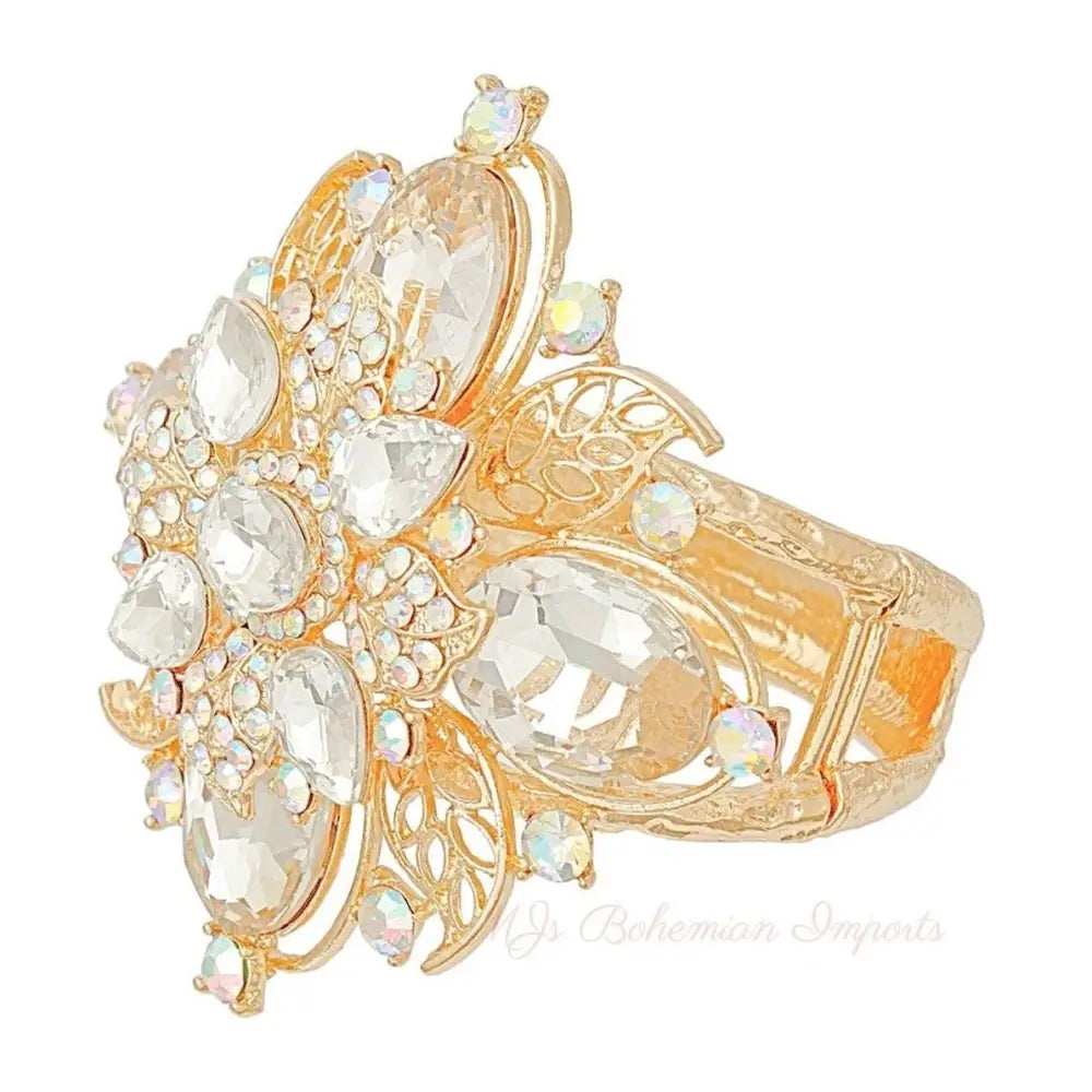 Gold Filigree Crystal Flower Cuff
