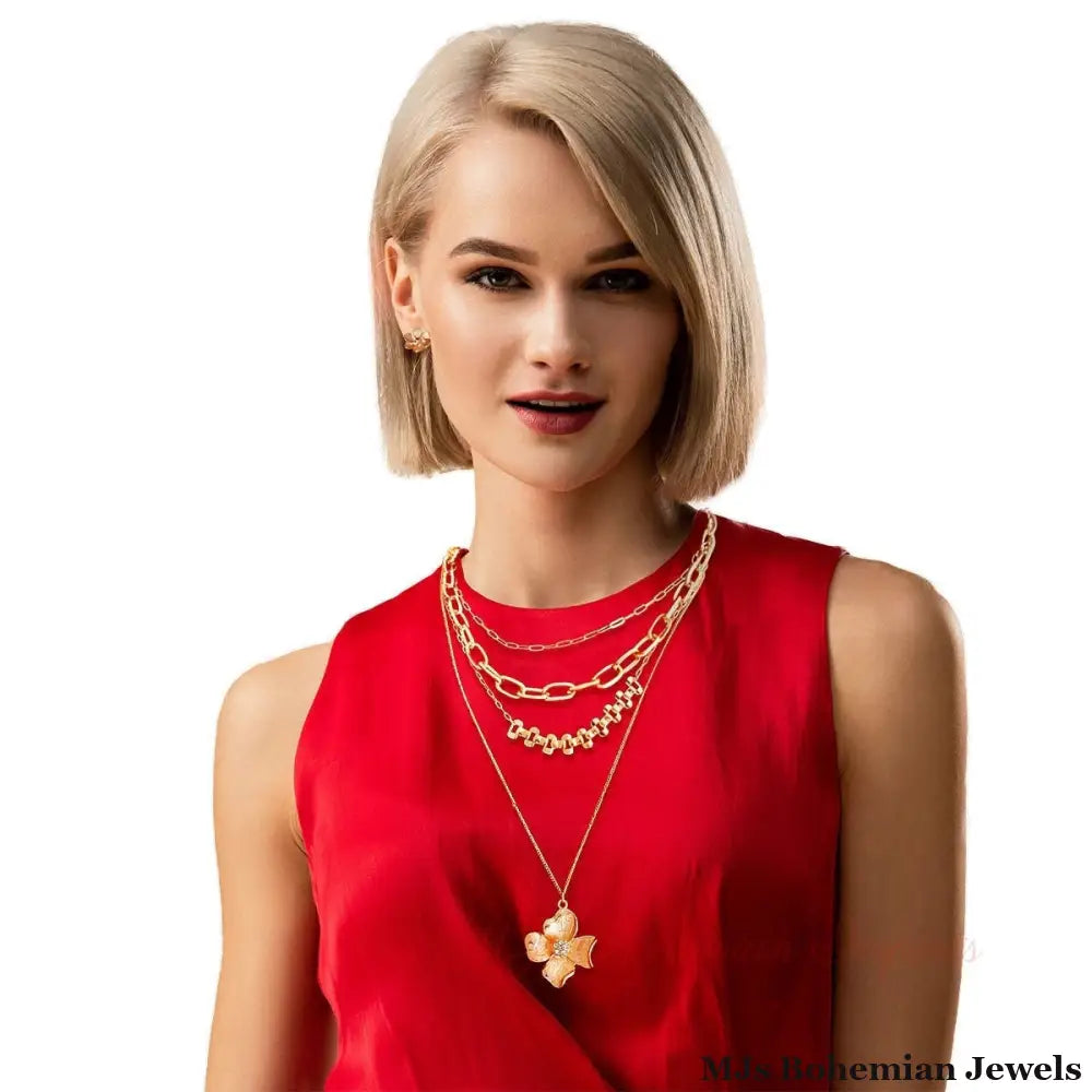 Gold Layered Chain Flower Necklace