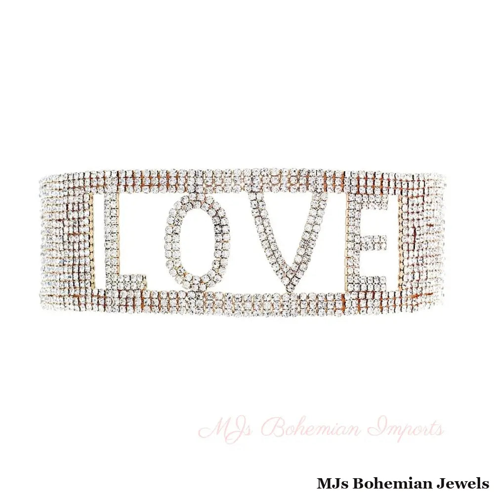 Gold LOVE 18 Row Rhinestone Choker
