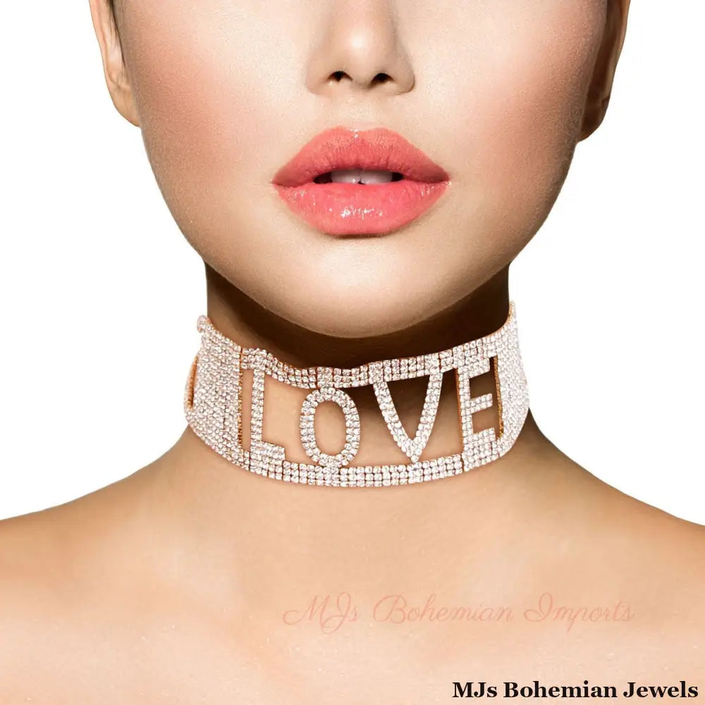 Gold LOVE 18 Row Rhinestone Choker