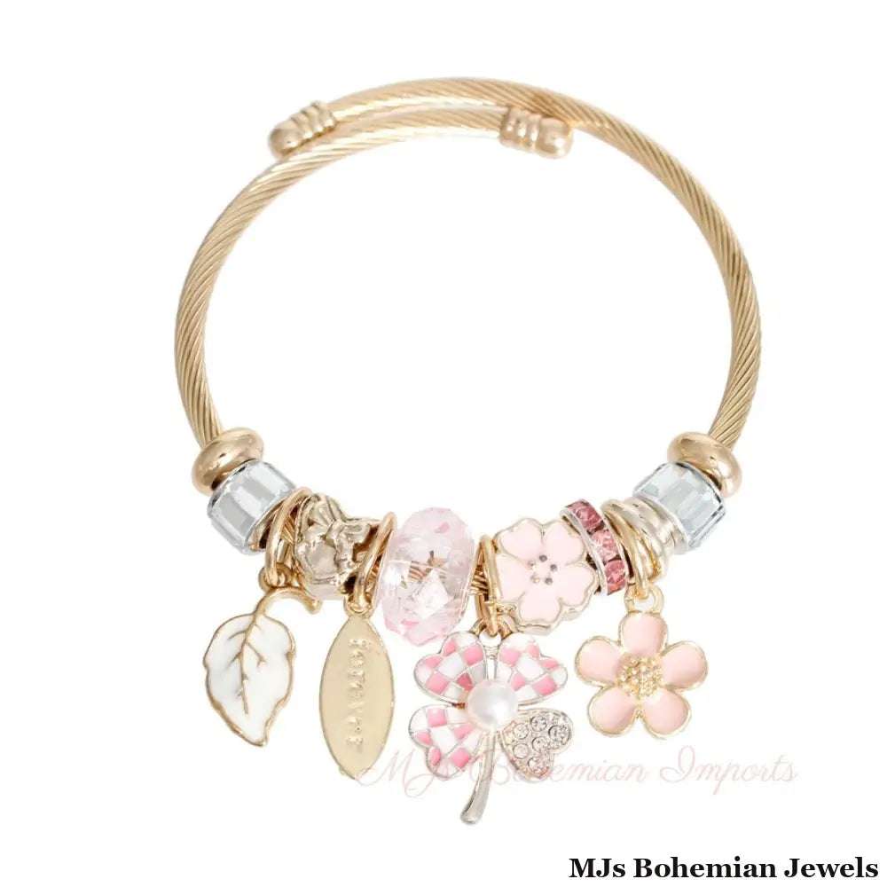 Gold Pink Clover Cable Bangle