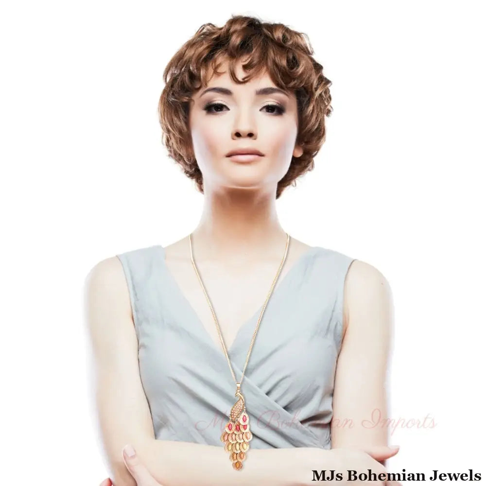 Gold Pink Peacock Necklace