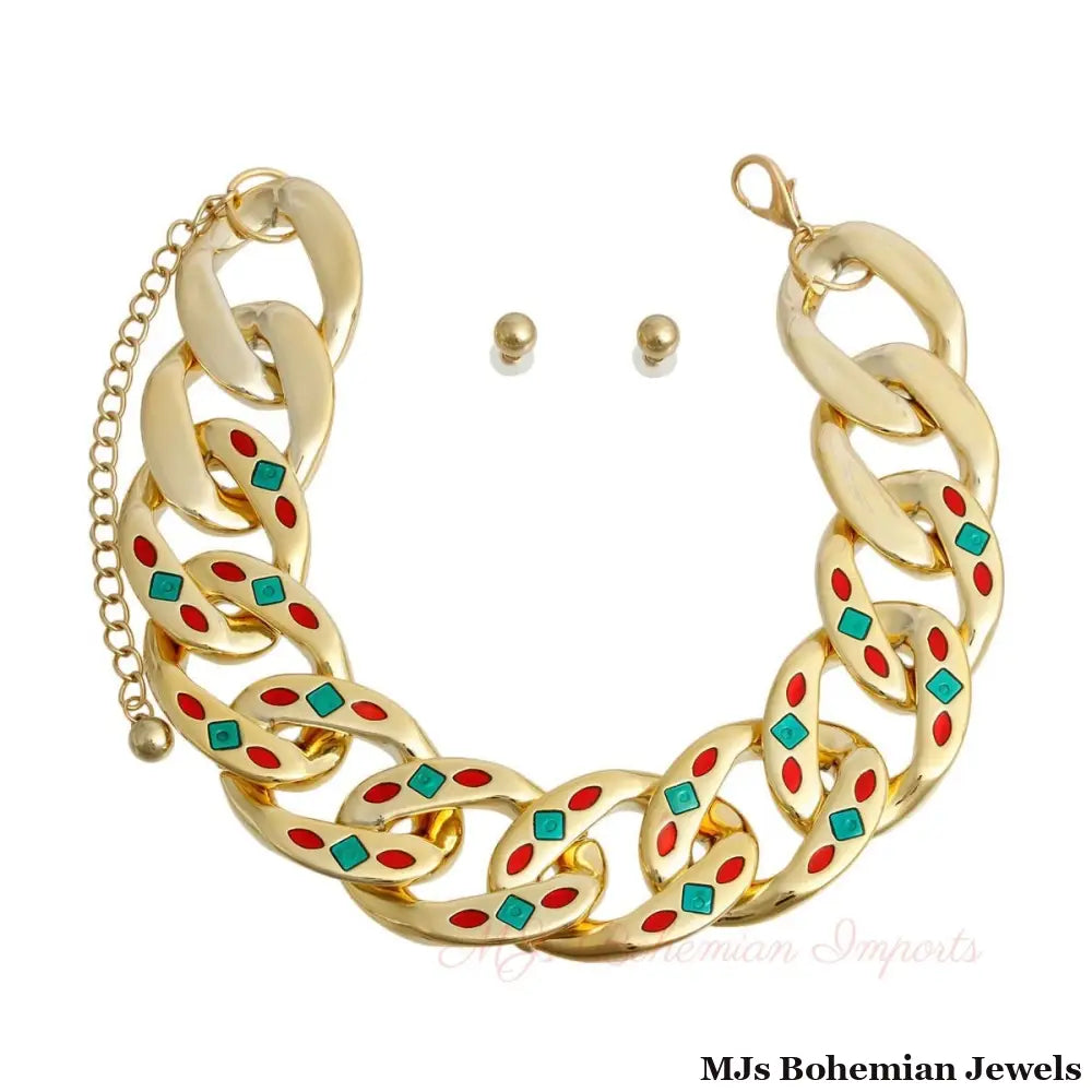 Gold Red Green Detail Chain Set