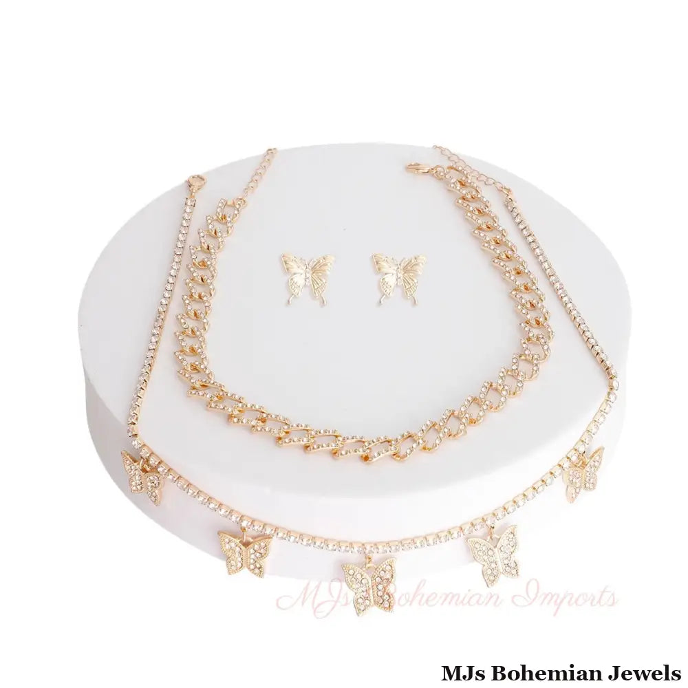 Gold Rhinestone Butterfly Charm Chain 2Pc Set