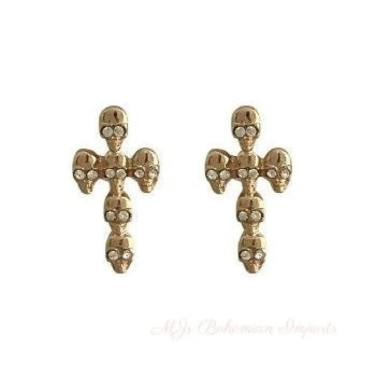 Gold Rhinestone Skull Cross Earrings