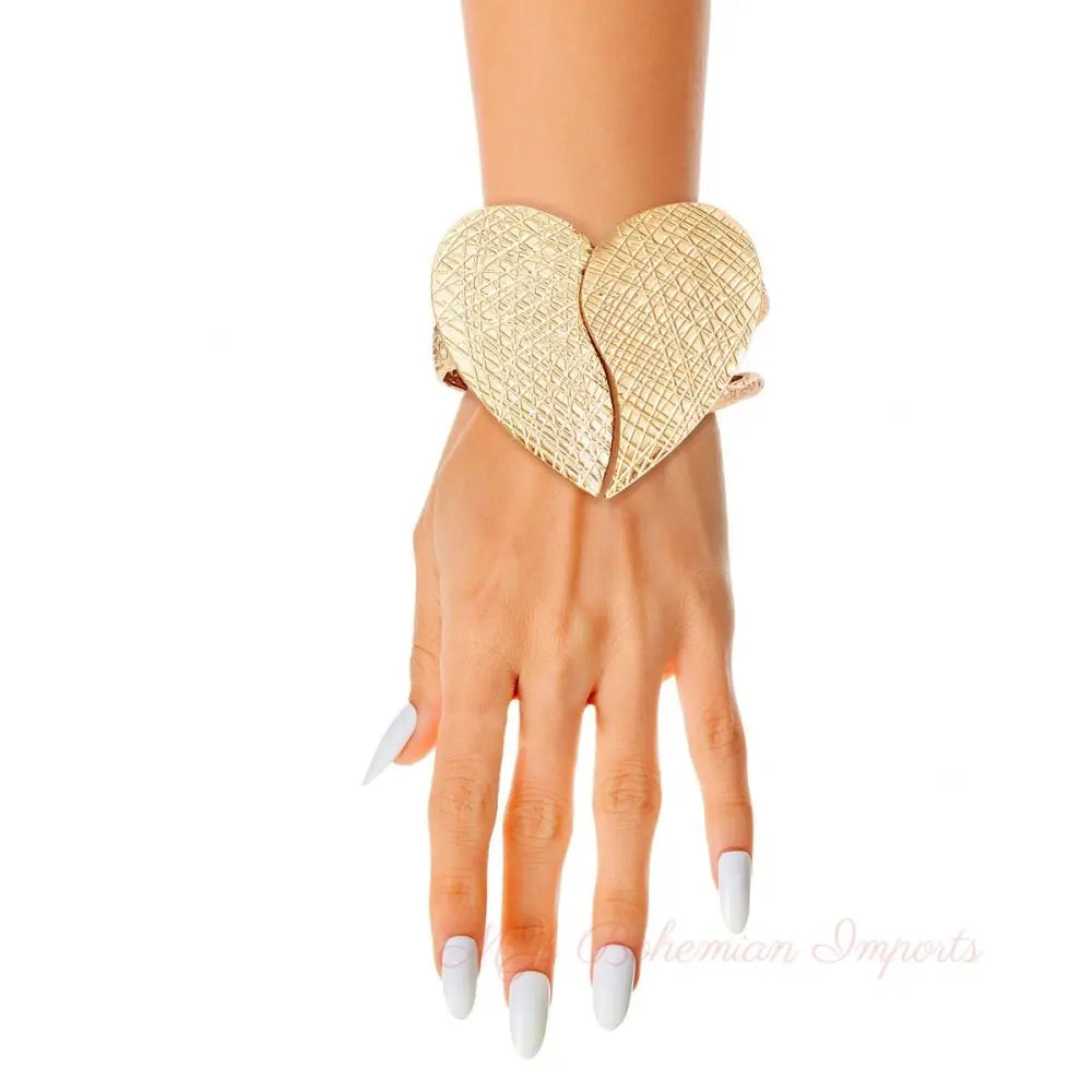 Gold Scratched Heart Chunky Cuff