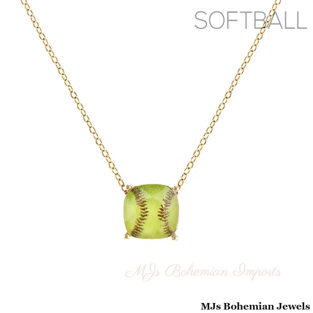 Gold Softball Cushion Cut Necklace