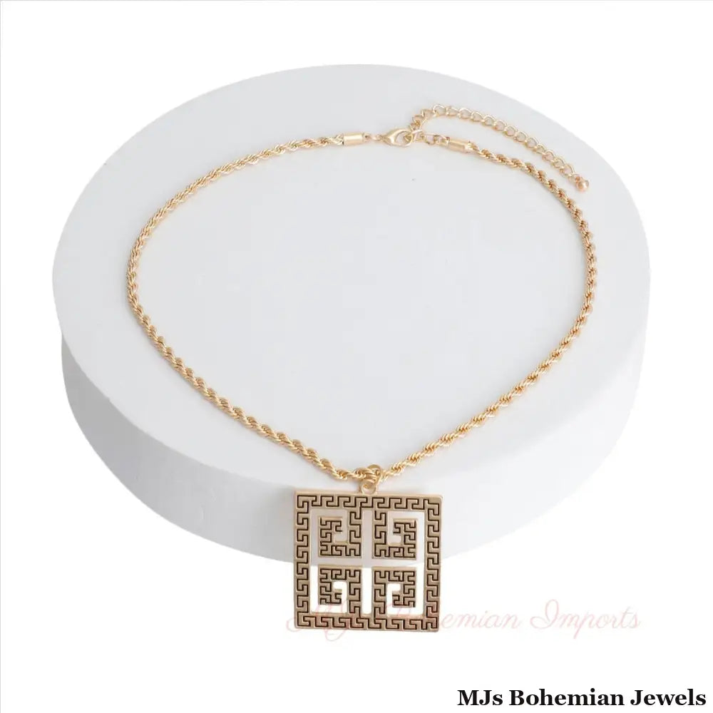 Gold Square Greek Key Pendant Necklace