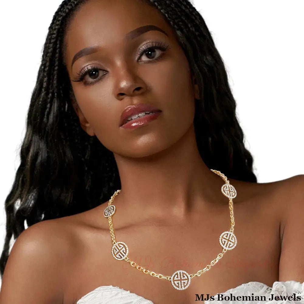 Gold Station Round Greek Key Necklace