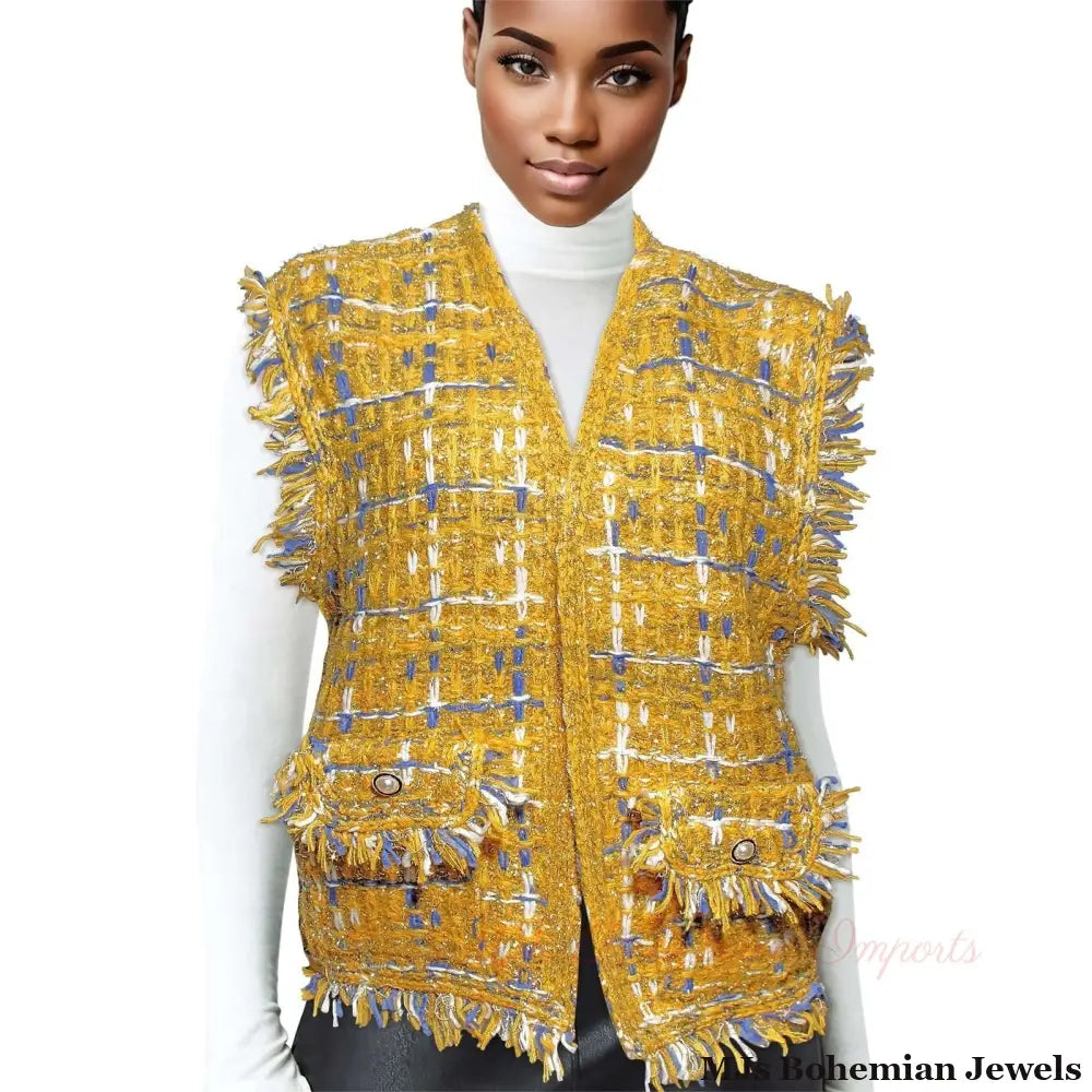 Gold Threaded Plaid Tweed Mustard Vest for Women