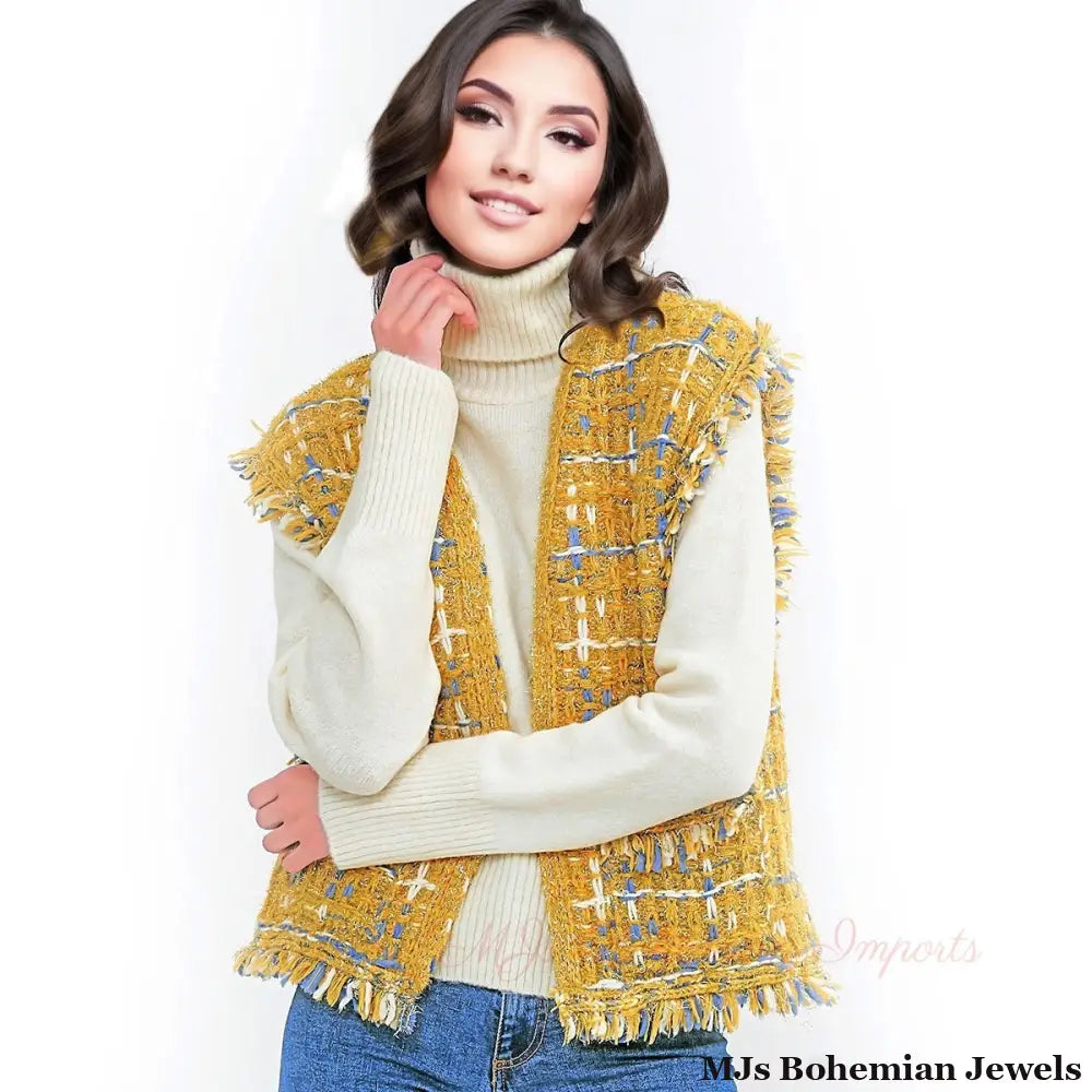 Gold Threaded Plaid Tweed Mustard Vest for Women
