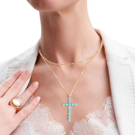 Gold Turquoise Stone Cross 2pc Necklace