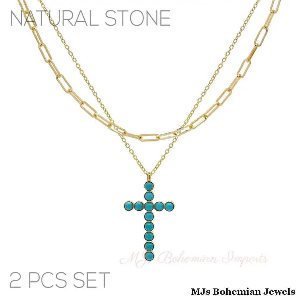 Gold Turquoise Stone Cross 2pc Necklace