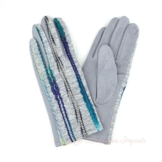 Gray Embroidered Stripe Touch Gloves