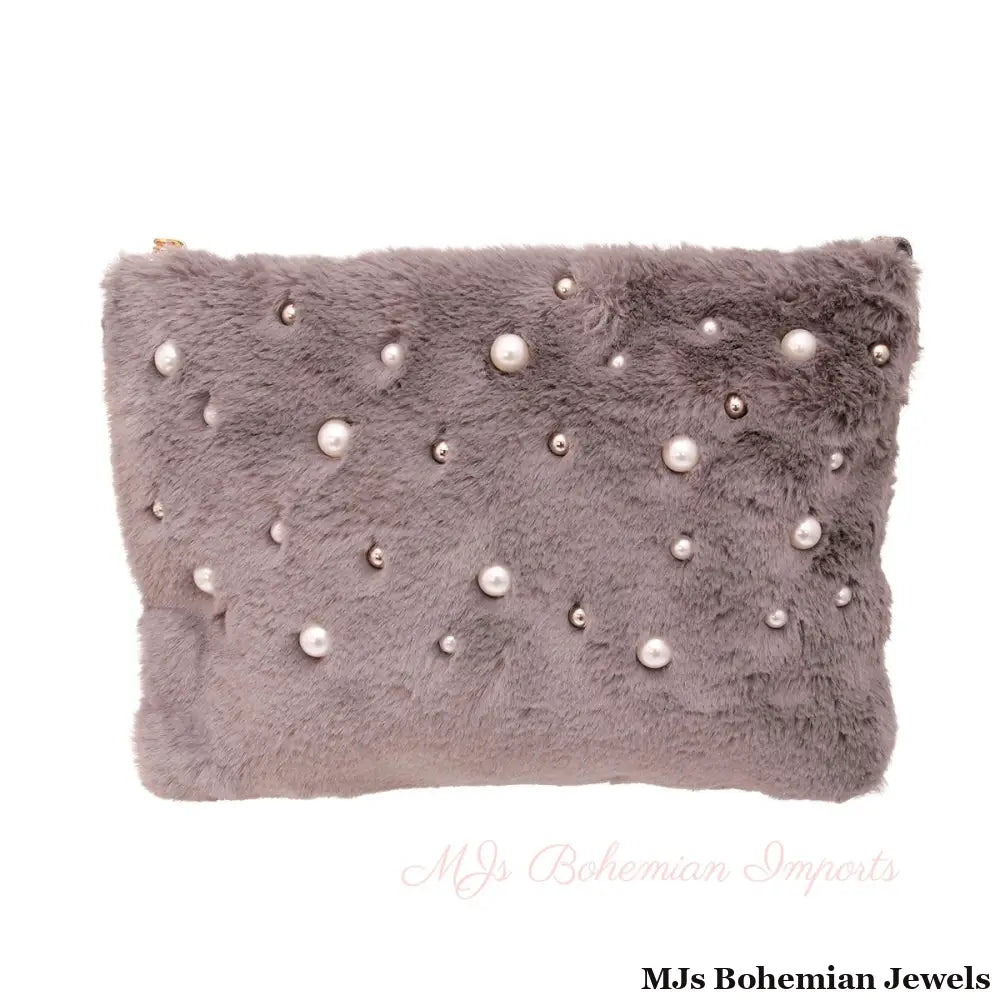 Gray Fur Pearl Stud Clutch