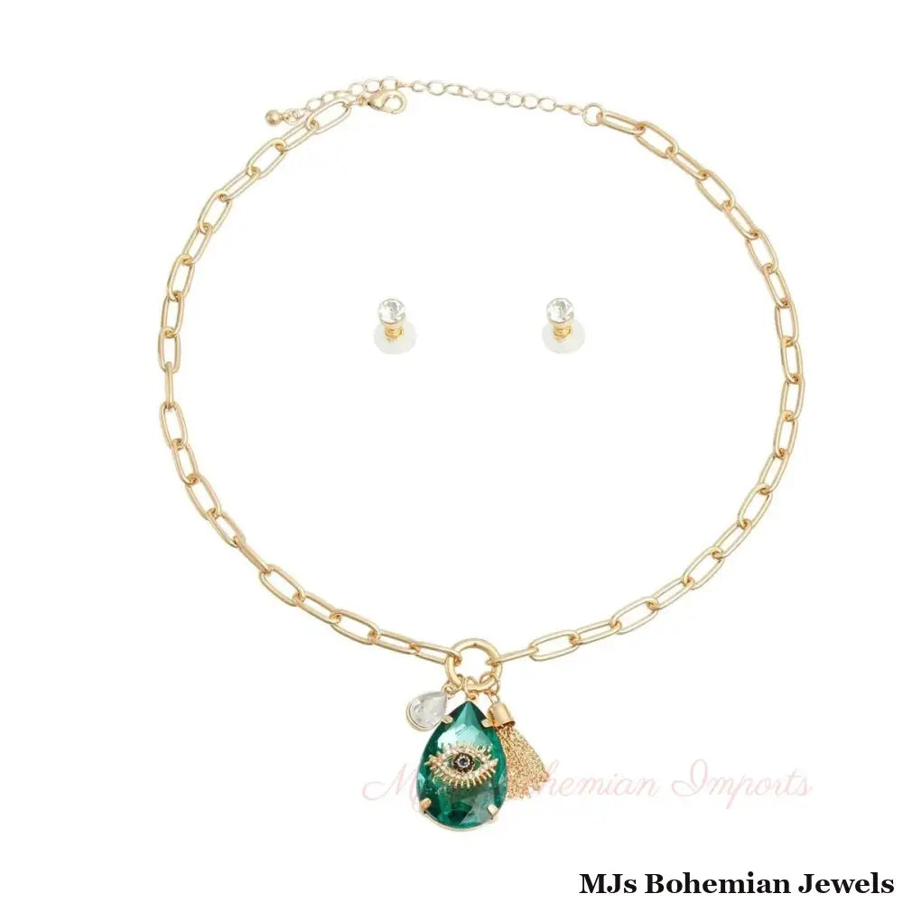 Green Crystal Teardrop Evil Eye Necklace