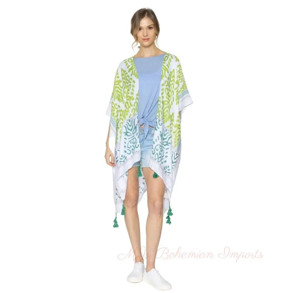 Green Damask Print Tassel Kimono