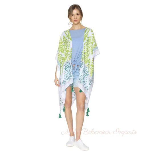 Green Damask Print Tassel Kimono