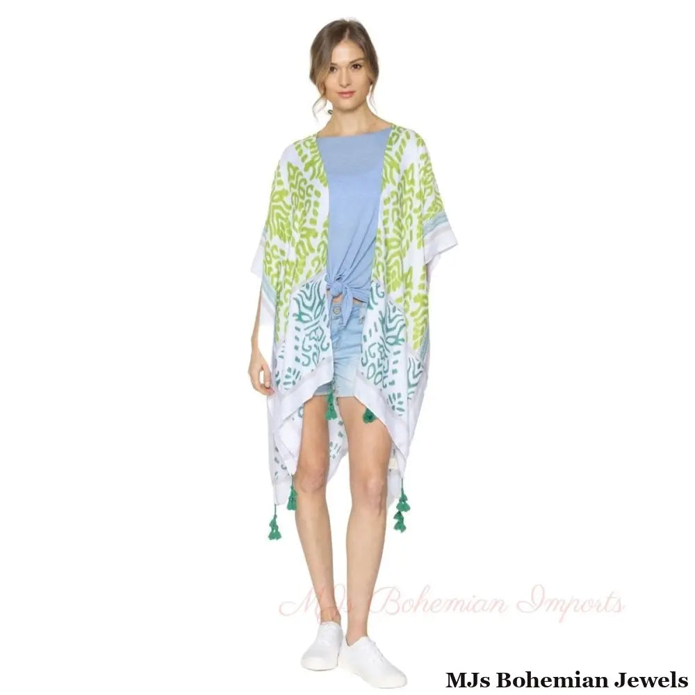 Green Damask Print Tassel Kimono