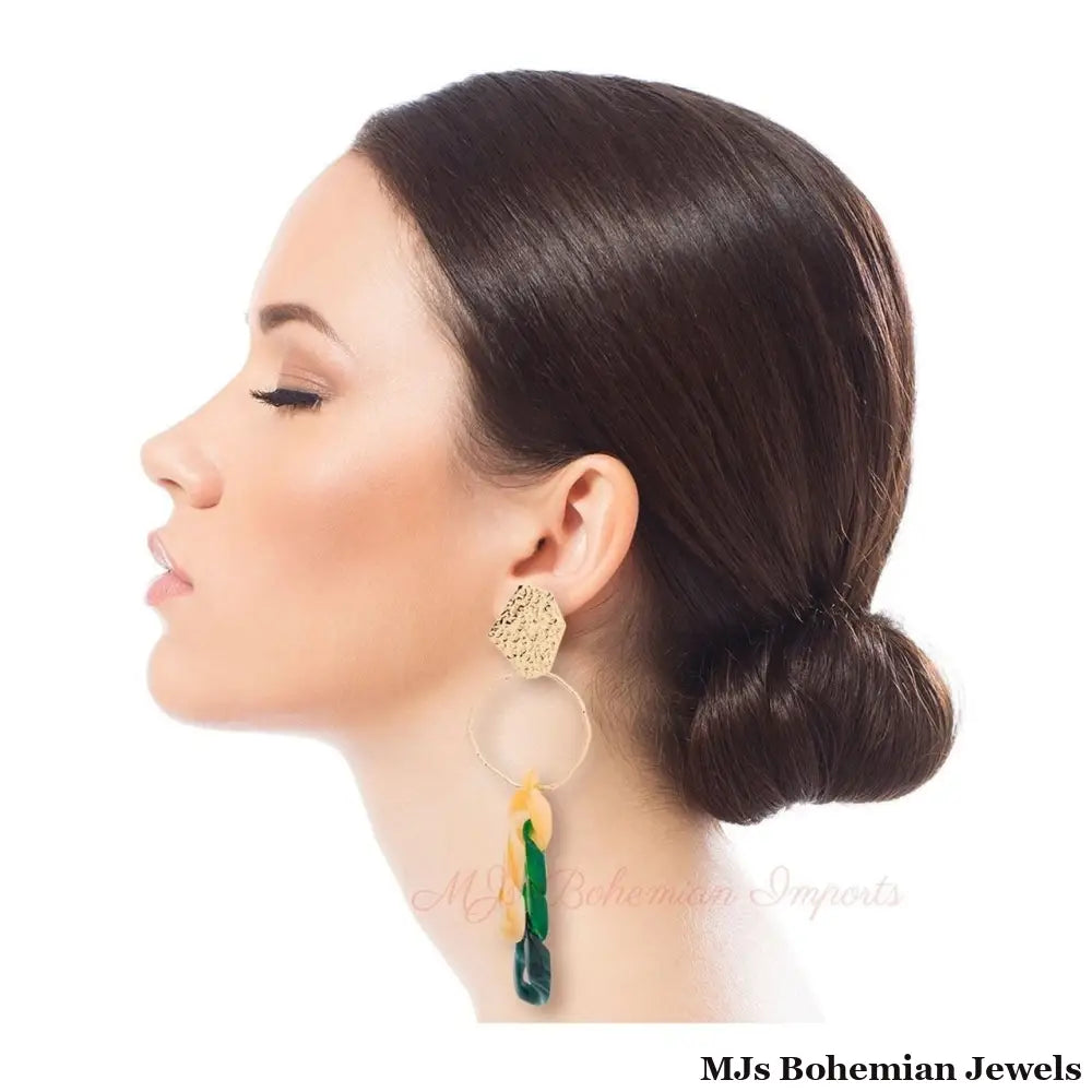 Green Link and Gold Drop Earrings