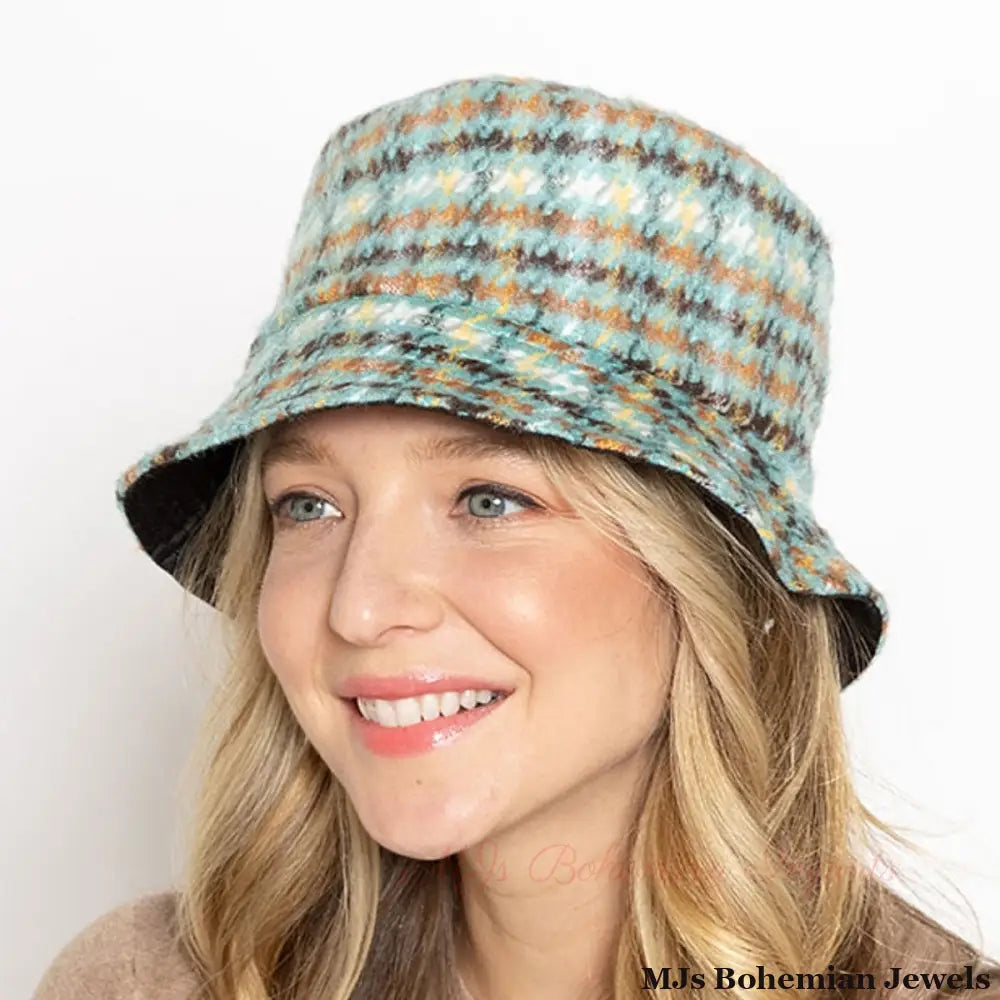 Green Plaid Woolen Bucket Hat