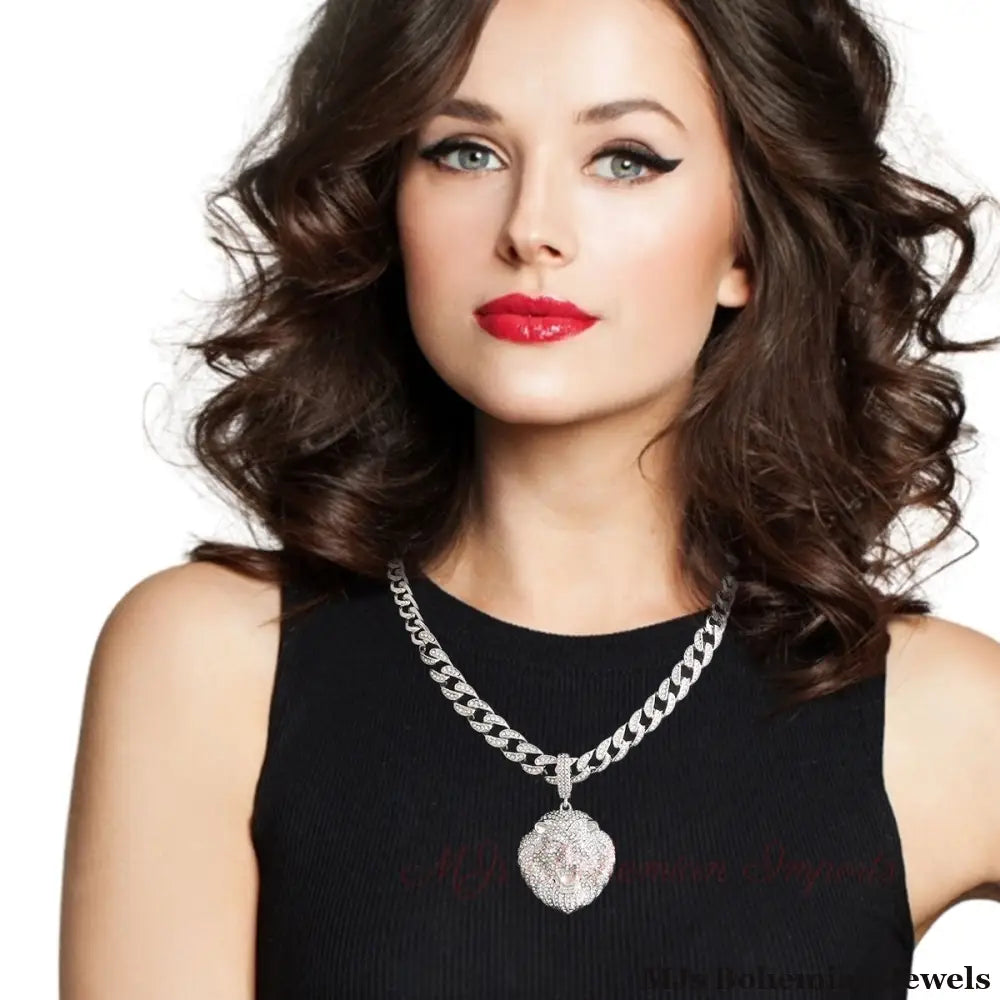Iced Silver Cuban Chain Lion Necklace