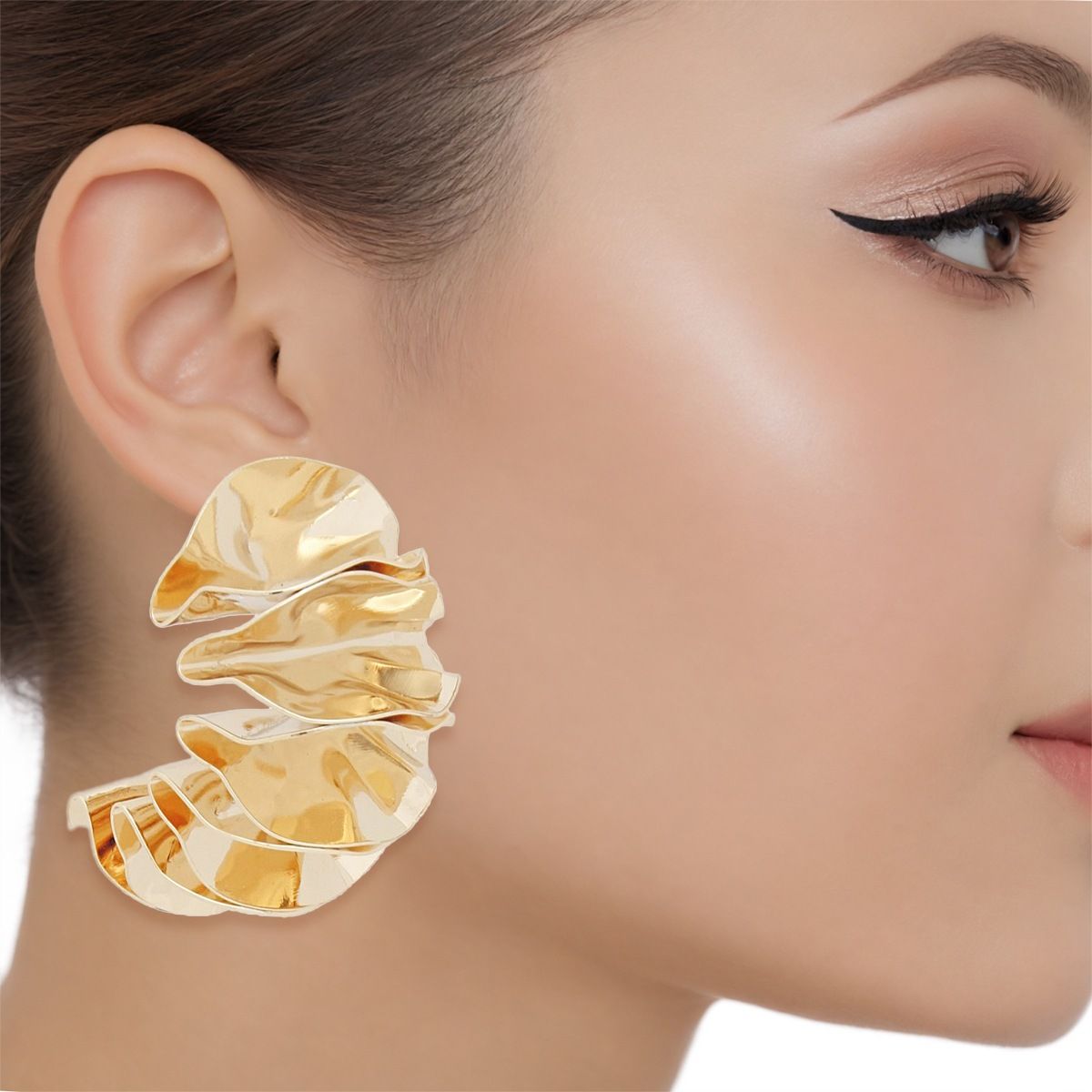 Stud Molded and Folded Gold Metal Fanned Earrings