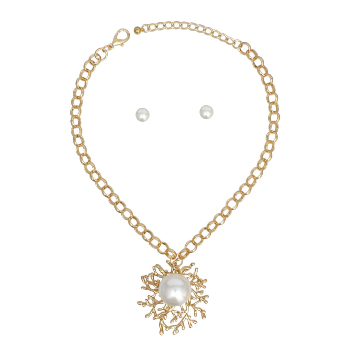 Pendant Branched Gold Cream Pearl Chain Necklace