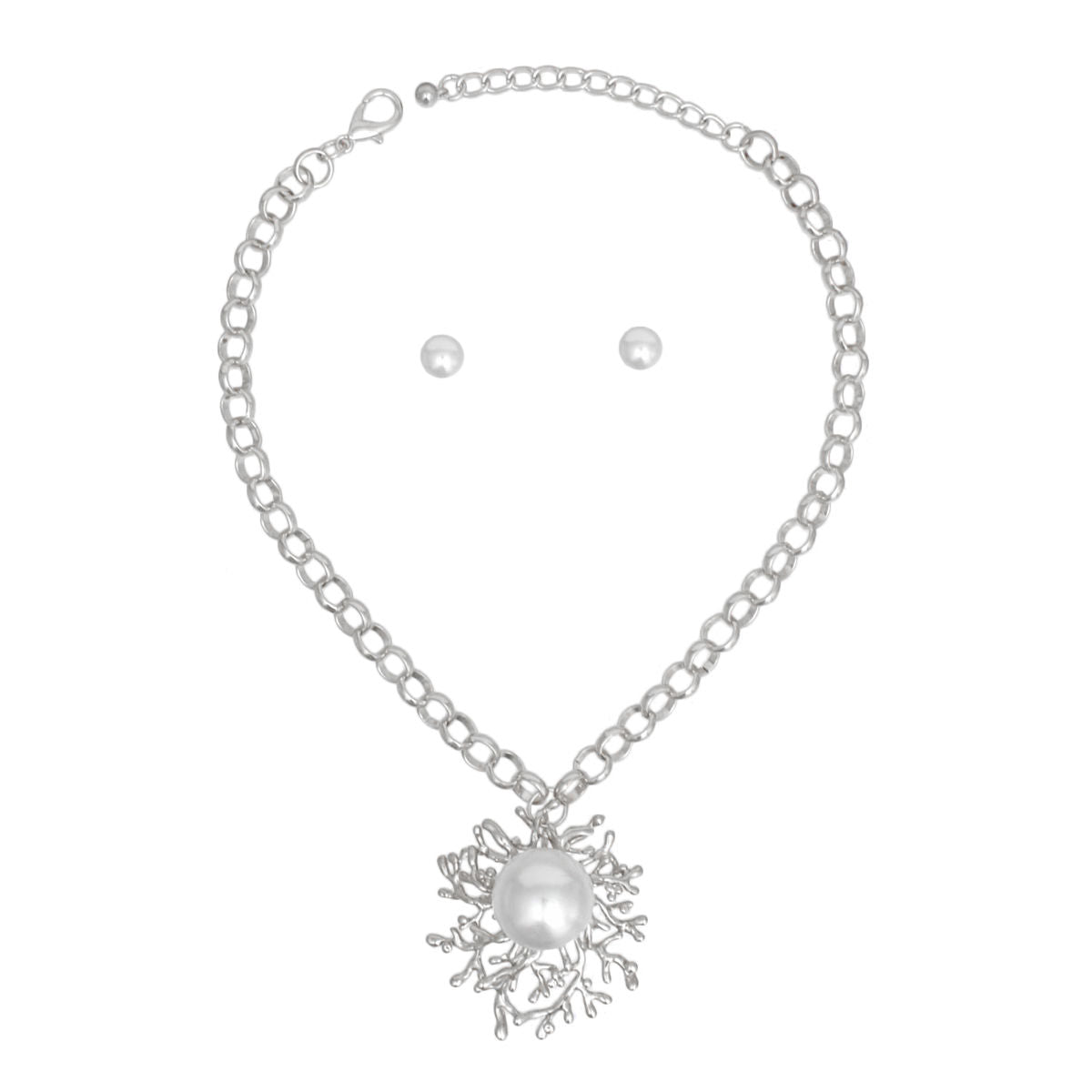 Pendant Branched Silver White Pearl Chain Necklace