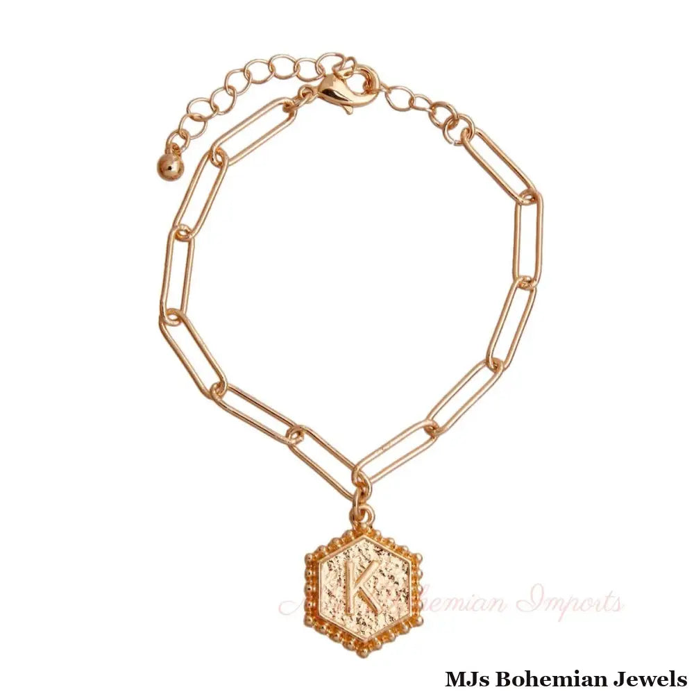 K Hexagon Initial Charm Bracelet