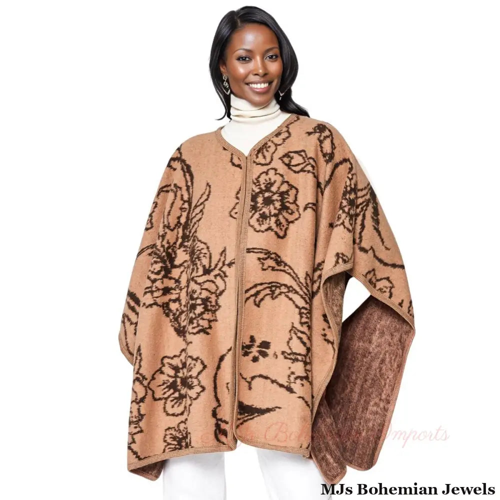 Kimono Ruana Acrylic Camel Flower Knit For Women