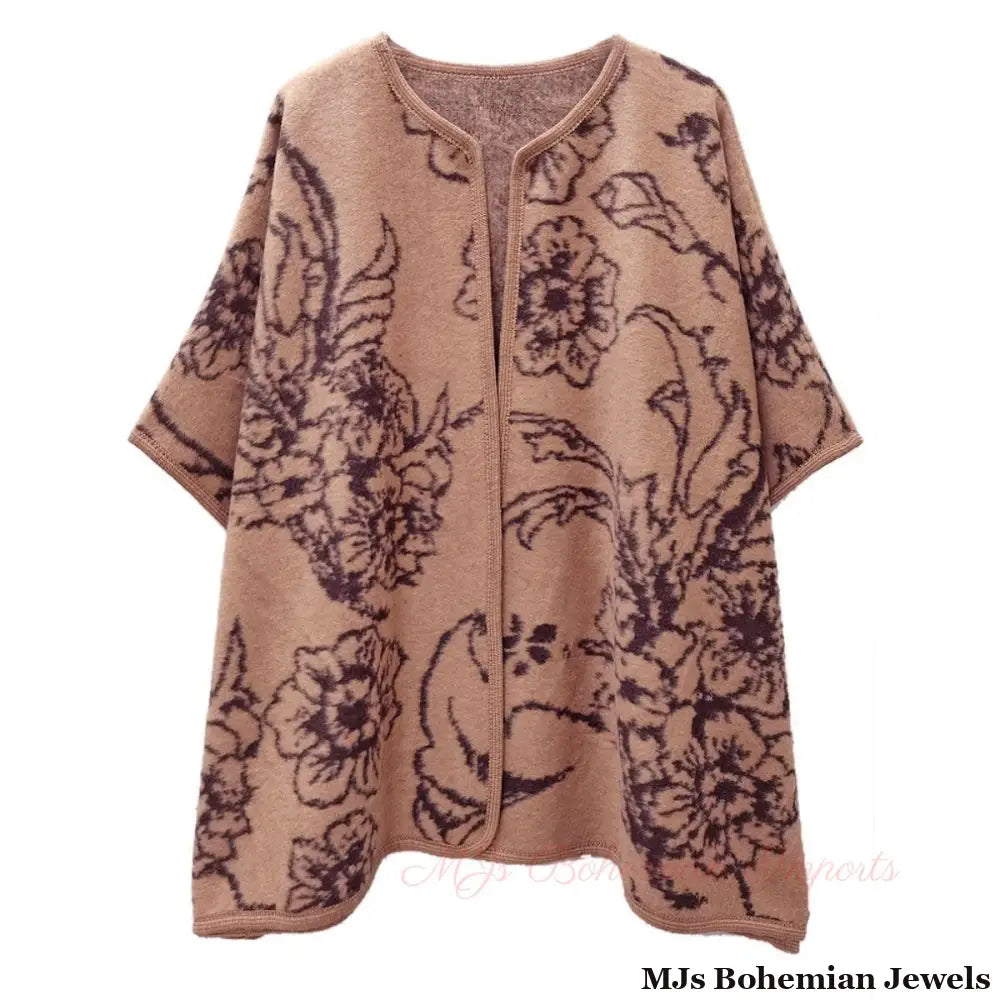 Kimono Ruana Acrylic Camel Flower Knit For Women